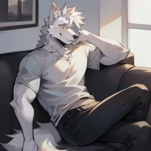white male wolf, pants, shirt, sitting on couch