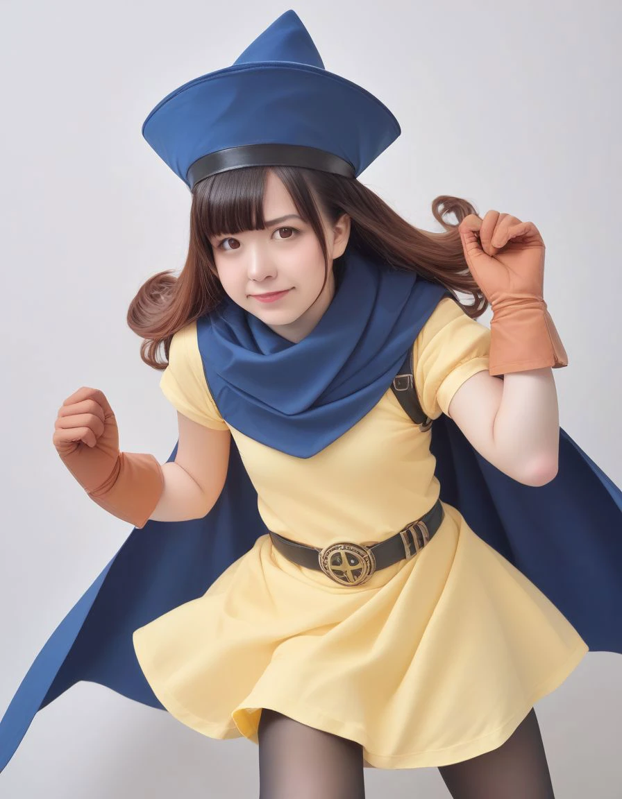 score_9, score_8_up, score_7_up, best quality, masterpiece, source_anime, [:photo, irl, real, eye_focus, ultrarealistic, photorealistic, natural skin, detailed skin:0.3]
alena, brown eyes, brown hair, curly hair, long hair, cape, dress, gloves, hat, pantyhose, yellow dress, scarf, short sleeves, <lora:dq-alena-ponyxl-lora-nochekaiser:1>
[fighting_stance:Japanese:0.4], (smirk:0.8)