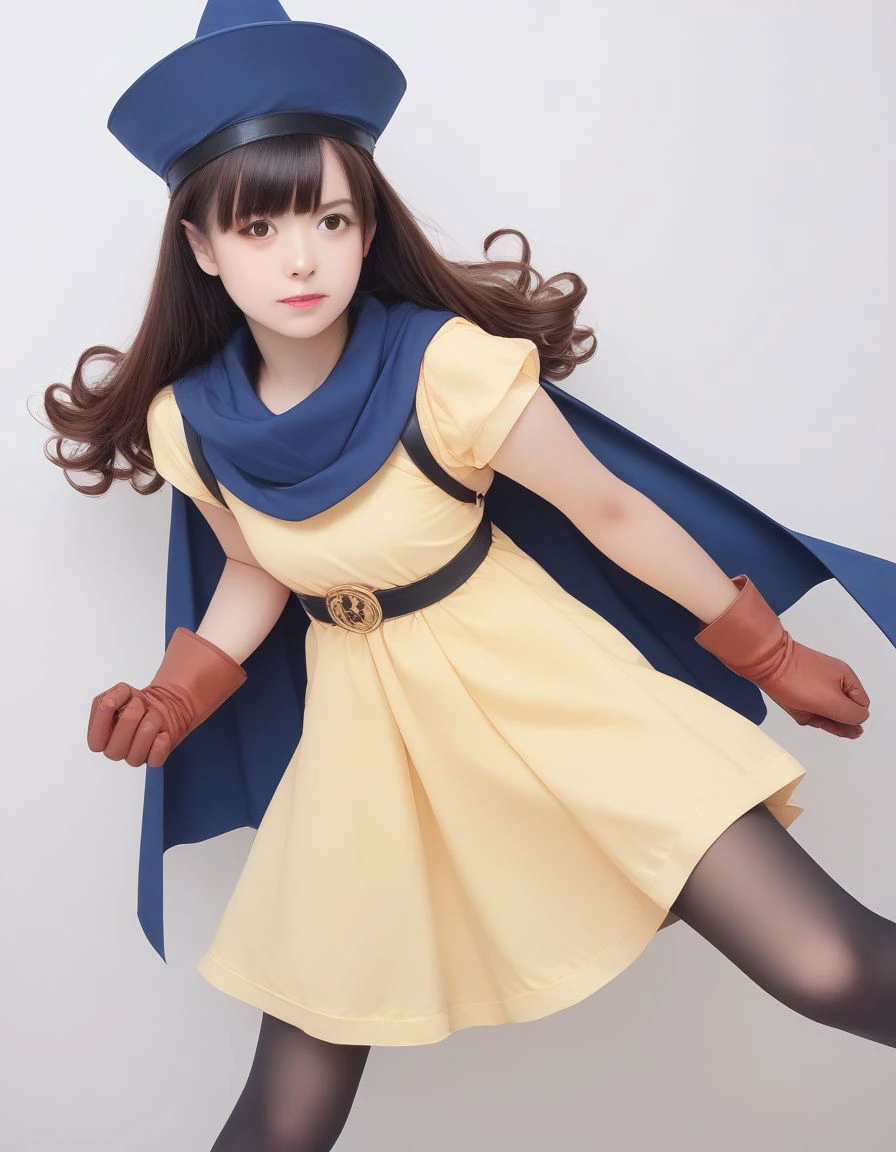 score_9, score_8_up, score_7_up, best quality, masterpiece, source_anime, [:photo, irl, real, eye_focus, ultrarealistic, photorealistic, natural skin, detailed skin:0.3]
alena, brown eyes, brown hair, curly hair, long hair, cape, dress, gloves, hat, pantyhose, yellow dress, scarf, short sleeves, <lora:dq-alena-ponyxl-lora-nochekaiser:1>
[fighting_stance:Japanese:0.4], (smirk:0.8)
