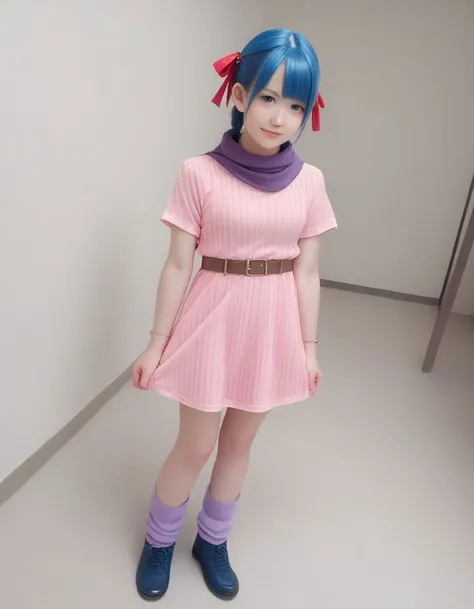 score_9, score_8_up, score_7_up, best quality, masterpiece, source_anime, [:photo, irl, real, eye_focus, ultrarealistic, photorealistic, natural skin, detailed skin:0.3]
bulma, blue eyes, blue hair, ankle boots, ankle socks, belt, blue footwear, boots, bracelet, braid, braided ponytail, brown belt, brown gloves, dress, gloves, hair ribbon, jewelry, loose socks, parted bangs, pink dress, purple scarf, purple socks, red ribbon, ribbon, scarf, shoes, short dress, short sleeves, single glove, sneakers, socks, vertical-striped clothes, vertical-striped dress, indoors, looking at viewer, dutch angle, cowboy shot,
<lora:dragonball-bulma-ponyxl-lora-nochekaiser:1>
[:half-closed_eyes:0.5], (smirk:0.8)