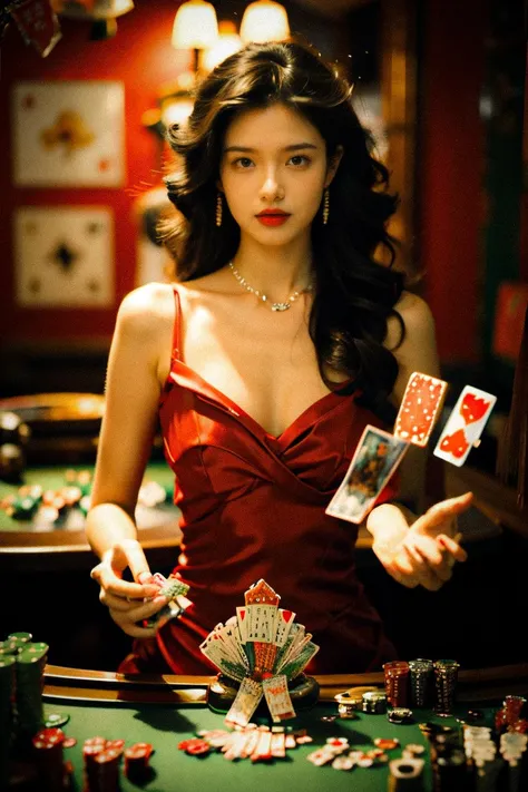 (masterpiece), (best quality), ultra high res, (raw photo:1.2), (photorealistic:1.4), highres, 8k, absurdres, jewelry,
(c4rds:1.5), (cards:1.2), (surrounded by cards:1.3), <lora:Concept - Card Tricks:0.5>
1girl, cinematic angle, fisheye,
playing card, casino, dress, looking at viewer, blurry, long hair,
<lora:wongkarwai_20231005031139:0.8> <lora:add_detail:-0.8>