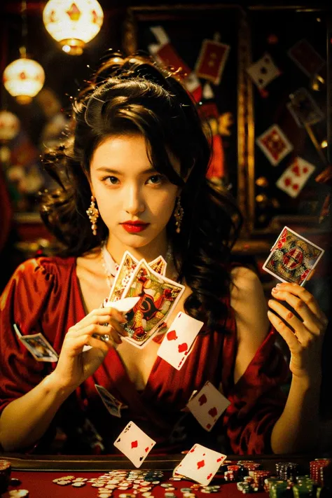 (masterpiece), (best quality), ultra high res, (raw photo:1.2), (photorealistic:1.4), highres, 8k, absurdres, jewelry,
(c4rds:1.5), (cards:1.2), (surrounded by cards:1.3), <lora:Concept - Card Tricks:0.5>
1girl, cinematic angle, fisheye,
playing card, casino, dress, looking at viewer, blurry, long hair,
<lora:wongkarwai_20231005031139:0.8> <lora:add_detail:-0.8>