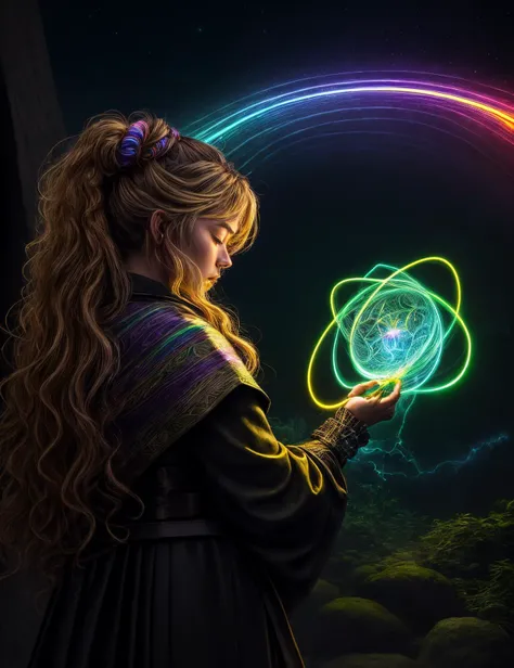 ((best quality)), ((masterpiece)), ((realistic)), (detailed), male , Late twenties Sturdy, Native Hawaiian, Amber eyes, , Honey Blonde Top knot hair, Boredom,, Observing the dance of magical fireflies, learning from their luminescence, elemental Wings Space Mage, (Electric current,Wavy lines,MustardYellow ,Mesmerizing,rainbow,Solid,Torus magic:1.3) Technology manipulation, Post-Cyberpunk , Concentrated stance, eyes closed, mentally focusing on the spell, Astral Gleam, Hogwarts School of Witchcraft and Wizardry, Serpentine stone, Glow-in-the-Dark Insects, Wall Grazing, ((masterpiece)), absurdres, HDR, <lora:add_detail:1>, <lora:LowRA:0.5> <hypernetwork:D1-180000:0.45>back side