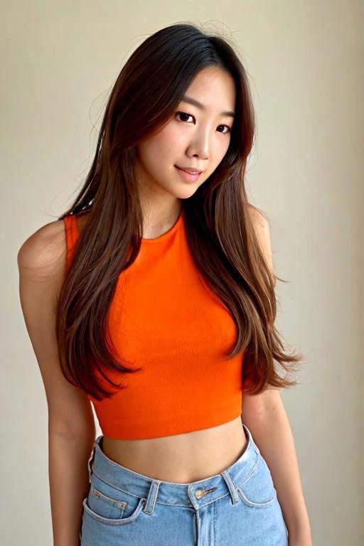 a medium shot, detail upper body of a woman with long hair wearing a orange fit top, a character portrait by L Ji, instagram contest winner, aestheticism, korean idol, korean kpop star, kpop star