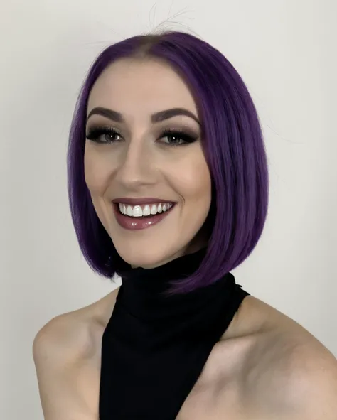 Actress Natali Portman beautiful with her radiant smiling seductive face of the age she was in Star wars but with purple hair mushroom cut with naked goddess fringe with great detail completely naked body