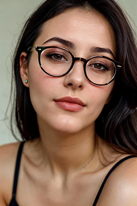 a beautiful Italian adult woman, strong round glasses, thin lips, slim, mouth ajar, real skin texture, relaxed,
closeup photo, film grain,