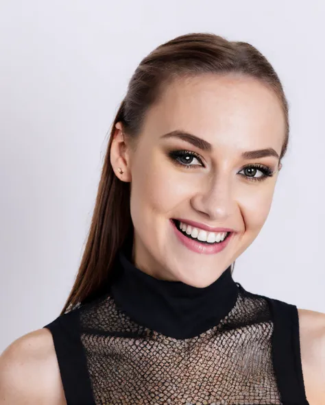 photo of <lora:S1r1:1>, dressed, black top, turtleneck, smiling, upper body, intricate, sharp focus, soft lighting, vibrant colors, masterpiece, (frontal), detailed eyes, advertising studio lights, frontal led light ring, smooth shadows, bokeh background, Hyper Realistic Photography, Hyperdetail, UHD, Color Correction, HDR, color grading, hyper realistic (white background)