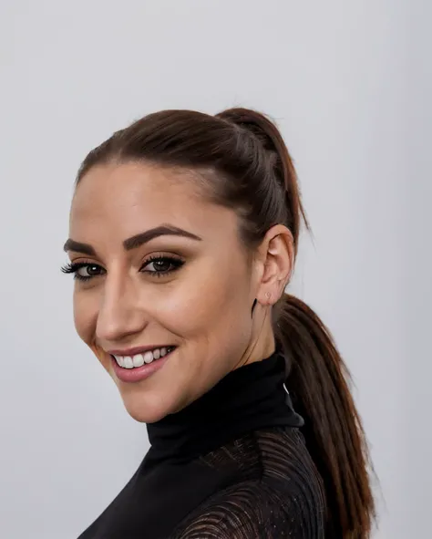 photo of <lora:M4ndyMus3:1>, dressed, black top, turtleneck, ponytail, smiling, upper body, intricate, sharp focus, soft lighting, vibrant colors, masterpiece, (frontal), detailed eyes, advertising studio lights, frontal led light ring, smooth shadows, bokeh background, Hyper Realistic Photography, Hyperdetail, UHD, Color Correction, HDR, color grading, hyper realistic (white background)