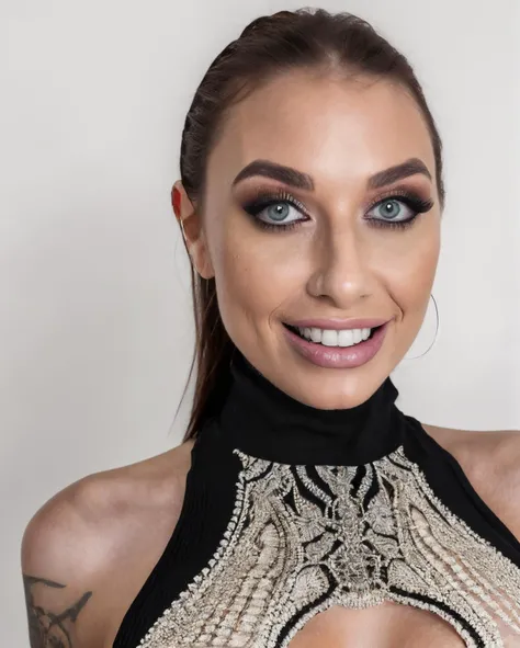 photo of <lora:1v1L3b3ll3:1>, dressed, black top, turtleneck, smiling, upper body, intricate, sharp focus, soft lighting, vibrant colors, masterpiece, (frontal), detailed eyes, advertising studio lights, frontal led light ring, smooth shadows, bokeh background, Hyper Realistic Photography, Hyperdetail, UHD, Color Correction, HDR, color grading, hyper realistic (white background)