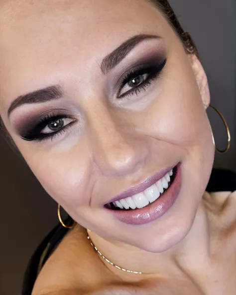 photo of  <lora:M155R1c4n:1>, dressed, black top, turtleneck, smiling, upper body, intricate, sharp focus, soft lighting, vibrant colors, masterpiece, (frontal), detailed eyes, advertising studio lights, frontal led light ring, smooth shadows, bokeh background, Hyper Realistic Photography, Hyperdetail, UHD, Color Correction, HDR, color grading, hyper realistic (white background)