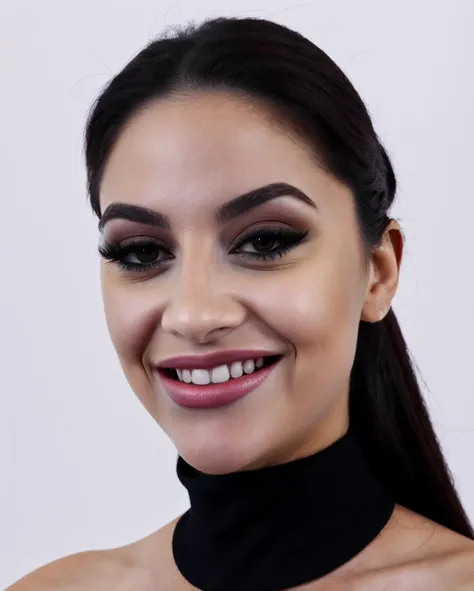 photo of <lora:K1ttyC:1>, dressed, black top, turtleneck, smiling, upper body, intricate, sharp focus, soft lighting, vibrant colors, masterpiece, (frontal), detailed eyes, advertising studio lights, frontal led light ring, smooth shadows, bokeh background, Hyper Realistic Photography, Hyperdetail, UHD, Color Correction, HDR, color grading, hyper realistic (white background)