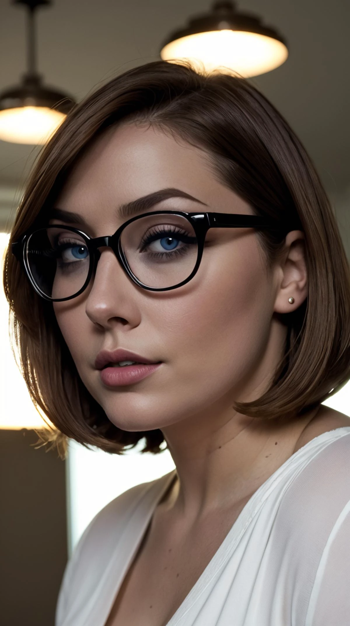 <lora:Vanessa_Harris:1> thick framed glasses, chubby, curvy, bbw, light hazelnut hair, bob haircut, blue eyes, full lips, 1girl, cinematic film still, high quality, best quality, highres, high detail, film grain, looking at viewer, upper body, shallow depth of field, vignette, highly detailed, high budget, bokeh, cinemascope, moody, epic, gorgeous, film grain, grainy,