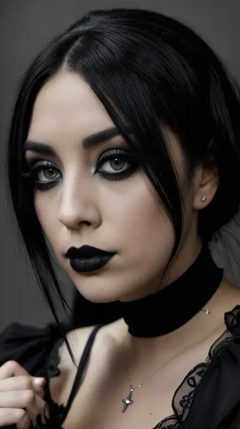 <lora:Diane_Sparks:1> black hair, grey eyes, eyeliner, gothic makeup, full lips, 1girl, cinematic film still, high quality, best quality, highres, high detail, film grain, looking at viewer, upper body, shallow depth of field, vignette, highly detailed, high budget, bokeh, cinemascope, moody, epic, gorgeous, film grain, grainy,