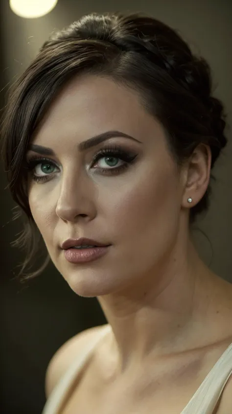 <lora:Adeline_Dupont:1> black updo hair, green eyes, mature, full lips, 1girl, cinematic film still, high quality, best quality, highres, high detail, film grain, looking at viewer, upper body, shallow depth of field, vignette, highly detailed, high budget, bokeh, cinemascope, moody, epic, gorgeous, film grain, grainy,