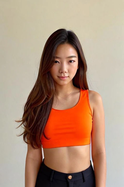 a medium shot, detail upper body of a woman with long hair wearing a orange fit top, a character portrait by L Ji, instagram contest winner, aestheticism, korean idol, korean kpop star, kpop star