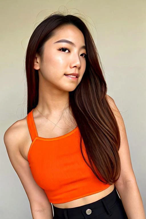 a medium shot, detail upper body of a woman with long hair wearing a orange fit top, a character portrait by L Ji, instagram contest winner, aestheticism, korean idol, korean kpop star, kpop star