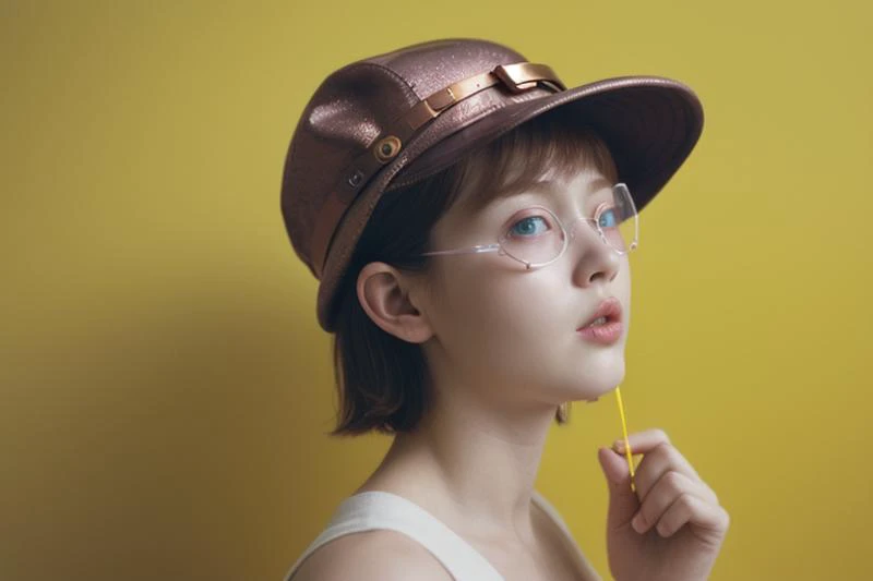 Fashion photography, ((Mesmerizing)), Caucasian, aged, girl, Hanneli Visser, Short hair, Wavy hair, High skin fade hair, Copper hair, Wizard hat, Double Eyelid eyes shape, Brown eyes, Goggles, Plump lips, Mauve lips, Square face with Soft Jaw, Anime makeup, Amused, KN95 face mask, Short body, Kung fu pose, Home improvement, Tail coat, Cargo shorts, Pipe, Downlight, Strip light, Rainbows, Night, Heavy rain, Flaying butterflies, vibrant yellow backdrop, Printed wall background, ancient tree of life in a mythical realm, Canon EOS RP, 100mm prime lens, Point of view shot, Medium close-up, Low angle (from behind) view medium Close shot, Cinestill 800T, Soft focus,