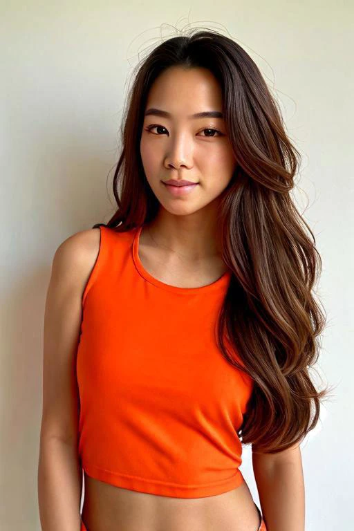 a medium shot, detail upper body of a woman with long hair wearing a orange fit top, a character portrait by L Ji, instagram contest winner, aestheticism, korean idol, korean kpop star, kpop star