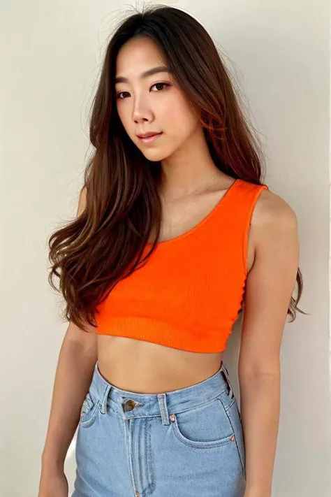 a medium shot, detail upper body of a woman with long hair wearing a orange fit top, a character portrait by L Ji, instagram contest winner, aestheticism, korean idol, korean kpop star, kpop star