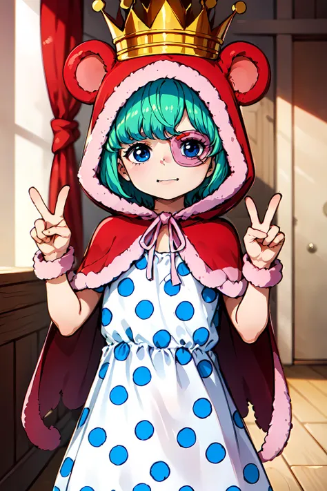 masterpiece, best quality,OPSugar, 1girl, solo,standing,polka dot dress,short dress,,crown,,green hair,(capelet),young girl,(eyepatch),red animal hood,hood up,blue eyes,flat chest,short hair,pose,indoors,v,peace sign, <lora:Sugar:0.7>