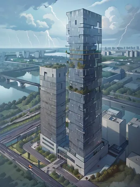 (masterpiece),(high quality), monolith, brick and metal, natural environment, pointed, best quality, rain, thunder, bird 's-eye view, multi-volume block connection, dramatic, outdoors, window, road, sky, street, <lora:xsarchitectural-10superhighrisebuilding:0.8>
