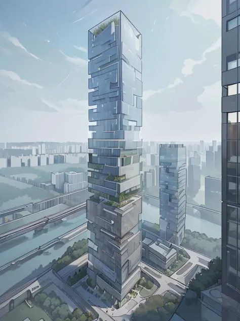 (masterpiece),(high quality), monolith, modern architecture, multiple towers, condo, hanging garden, glass and red bricks, pointed, best quality, multi-volume block connection, dramatic, outdoors, window, road, sky, street, <lora:xsarchitectural-10superhighrisebuilding:0.8>