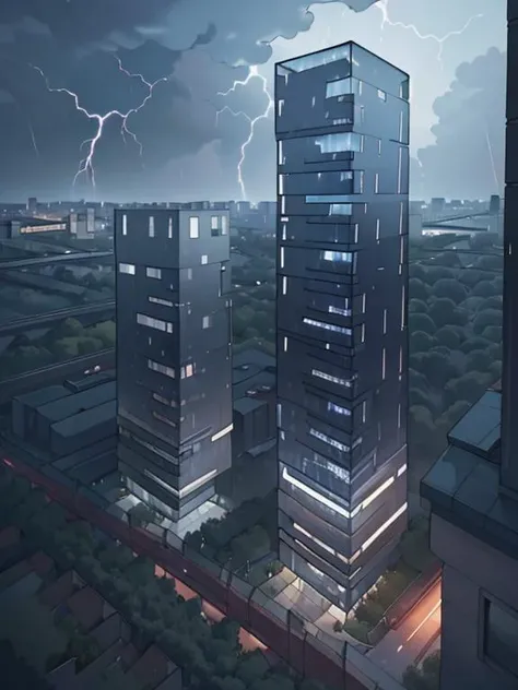 (masterpiece),(high quality), monolith, glass and red bricks, pointed, best quality, rain, thunder, night, bird 's-eye view, multi-volume block connection, dramatic, outdoors, window, road, sky, street, <lora:xsarchitectural-10superhighrisebuilding:0.8>