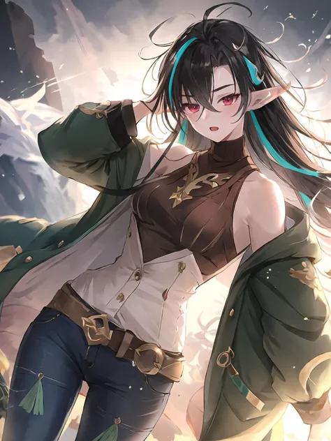 masterpiece,best quality,highres,cinematic lighting,dramatic angle,1girl,Verdilia,(matured female:1.4),long messy black multicolored hair,pointy ears,red eyes,ahoge,brown sweater,bare shoulders,green jacket,belt,jeans,white open shirt,<lora:ShadowverseCastelle_VerdiliaV2-000013:0.8:lbw=1,0.1,0.2,1,1,0.4,0.1,0.8,0.8,1,1,1,1,1,1,1,1>,action pose,dynamic angle,dynamic pose,magic,serious,open mouth,adjusting hair,tassel,looking at viewer,sleepy