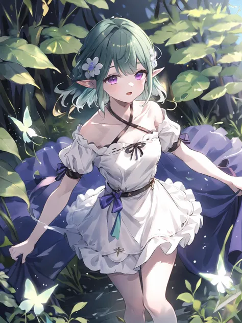 in woods　Elven Girl　a beauty girl　a smile　kawaii　light skinned　blue clothing　Leprechaun　pointy ears　White hair　short-hair　9 years old　White see-through clothes　White hair　Hair fluttering in the wind　red eyes　silver hair small breasts　small tits　Hand holding a flower　a short skirt　Panties are slightly visible　Face of shame　small tit　flat breast