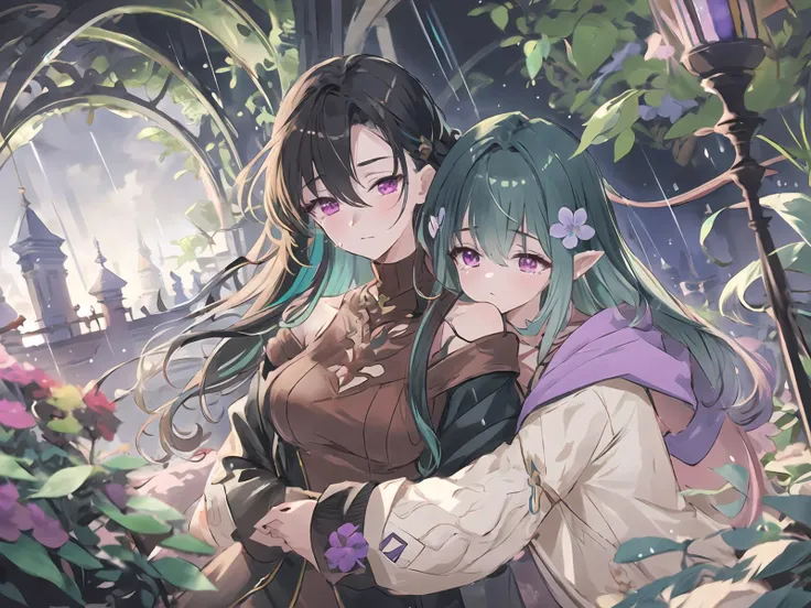 masterpiece, best quality, highres,
(A girl carries another girl on her back),
outdoors, nature, Alps, forest, mud road, desolate,
long hair, white hair, (parted bangs:1.2), twintails, closed eyes, sleeping, pointy ears, earrings, thick eyebrows, white capelet, striped shirt, long sleeves, belt, white skirt, black pantyhose, brown boots,
<lora:frieren_v1:0.8>, aafrie,
long hair, purple hair, (sidelocks:1.4), blunt bangs, purple eyes, large breasts, long dress, white dress, (black robe:1.4), white sleeves, closed mouth,
<lora:fern_(sousou_no_frieren)_v1:0.8>, aafern,
<lora:detail_slider_v4:1>,
<lora:more_details:0.4>,
<lora:GoodHands-vanilla:1>,
<lora:carryonback:0.7>, carry on back,