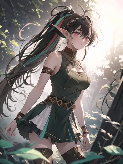 masterpiece,best quality,highres,cinematic lighting,dramatic angle,1girl,VerdiliaYoung,(matured female:1.4),long messy black multicolored hair,pointy ears,red eyes,earrings,ahoge,parted bangs,single ponytail,clothing cutout,green sleeveless dress,multi-layered cross-laced  skirt,bare legs,bare arms,belt,ribbons,cross-laced thigh boots,tassel,brown collar,<lora:ShadowverseCastelle_VerdiliaV2-000013:0.8:lbw=1,0.1,0.2,1,1,0.4,0.1,0.8,0.8,1,1,1,1,1,1,1,1>,woods,in wild,serious,clenched hands,determined,portrait