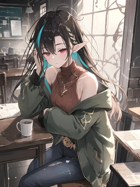 masterpiece,best quality,highres,cinematic lighting,dramatic angle,1girl,Verdilia,(matured female:1.4),long messy black multicolored hair,pointy ears,red eyes,ahoge,brown sweater,bare shoulders,green jacket,belt,jeans,white open shirt,<lora:ShadowverseCastelle_VerdiliaV2-000013:0.8:lbw=1,0.1,0.2,1,1,0.4,0.1,0.8,0.8,1,1,1,1,1,1,1,1>,correcting homework,coffee,bubble,sleepy,tired,sitting on chair,desk,hand support own cheek,across table,portrait,parted bangs,