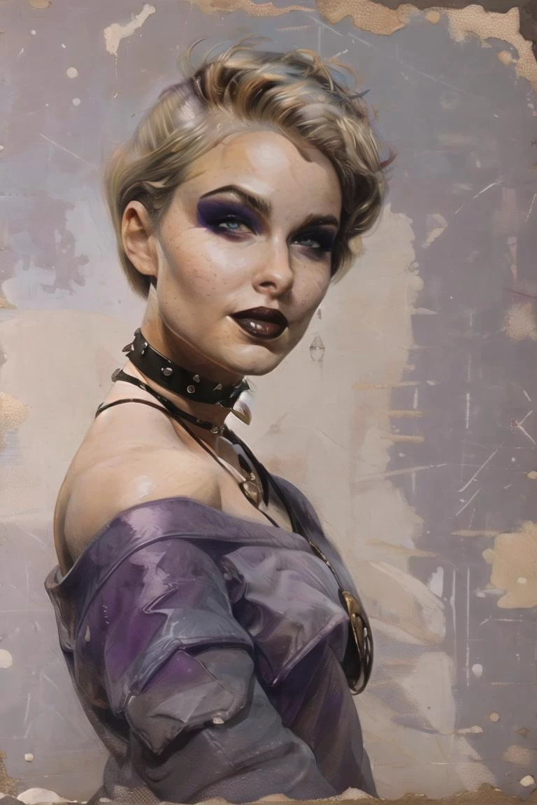 <lora:Frazetta:0.7>, Frazetta, style of Frank Frazetta, mistyo, blonde hair, blue eyes, - bobcut, or medium hair, or short hair, - makeup, or eye shadow,
purple sweater,collarbone,choker,necklace,
smile,black miniskirt,arms behind back,fishnet pantyhose,
dark room,science fiction,purple lighting,
insanely detailed, masterpiece, best quality ,solo, <lora:MistyOlszewski:0.8>, <lora:more_details:0.25>, <lora:tbh27-:1>