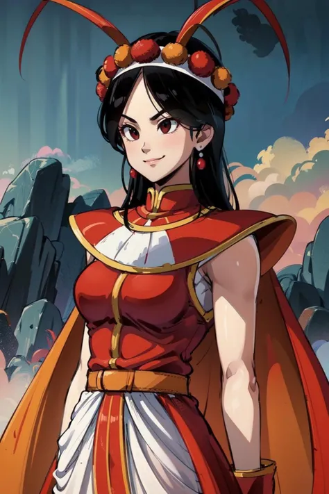 annin, 1girl, solo, black hair, long hair, black eyes,standing,upper body, smirk,earrings,red cape, fake antennae, white headband, white skirt, red vest, red shoulder armor, sleeveless, red wristband,looking at viewer,(best quality, masterpiece)