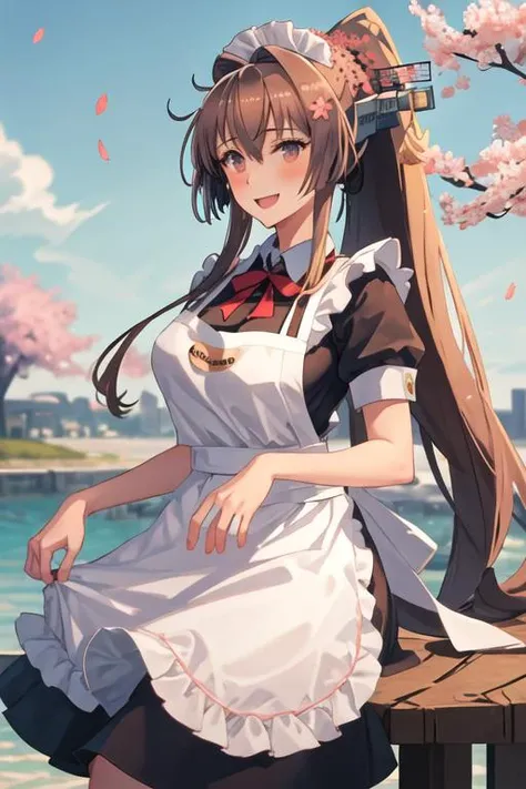 best quality, masterpiece, highres, solo, {yamato_kantaicollection:1.15}, long_hair, brown_hair, ponytail, hair_ornament, flower, hair_flower, brown_eyes, smile, breasts, cherry_blossoms, large_breasts, very_long_hair, blush, hair_between_eyes, 1girl, alternate_costume, apron, dress, enmaided, maid, maid_apron, maid_headdress, looking_at_viewer, open_mouth, upper_body, white_apron, dated, frilled_apron, frills, one-hour_drawing_challenge, short_sleeves, black_dress, white_background