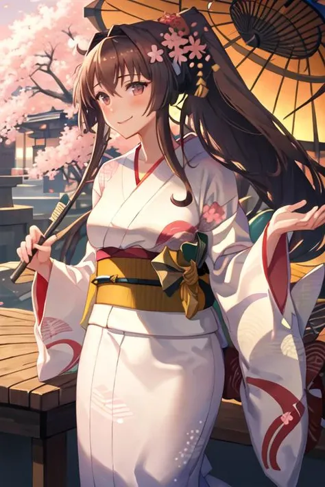 best quality, masterpiece, highres, solo, {white kimono:1.35}, {red hakama:1.35}, {wide sleeves:1.20}, {yamato_kantaicollection:1.15}, long_hair, brown_hair, ponytail, hair_ornament, flower, hair_flower, brown_eyes, smile, breasts, cherry_blossoms, large_breasts, very_long_hair, blush, hair_between_eyes