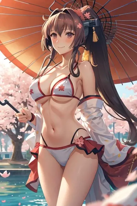 best quality, masterpiece, highres, solo, {yamato_kantaicollection:1.15}, long_hair, brown_hair, ponytail, hair_ornament, flower, hair_flower, brown_eyes, smile, breasts, cherry_blossoms, large_breasts, very_long_hair, blush, hair_between_eyes, 1girl, bikini, swimsuit, white_bikini, pink_flower, cleavage, headgear, looking_at_viewer, hair_intakes, collarbone, navel, closed_mouth, sarong, oil-paper_umbrella, red_umbrella, umbrella, holding_umbrella