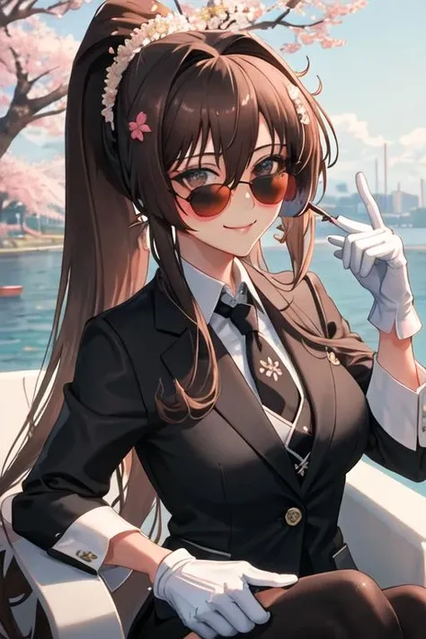 best quality, masterpiece, highres, solo, {black business suit:1.40}, {tie:1.20}, {sunglasses:1.25}, {white gloves:1.15}, {white shirt:1.10}, {black skirt:1.15}, {smoking:1.20}, handsome, {yamato_kantaicollection:1.15}, long_hair, brown_hair, ponytail, hair_ornament, flower, hair_flower, brown_eyes, smile, breasts, cherry_blossoms, large_breasts, very_long_hair, blush, hair_between_eyes