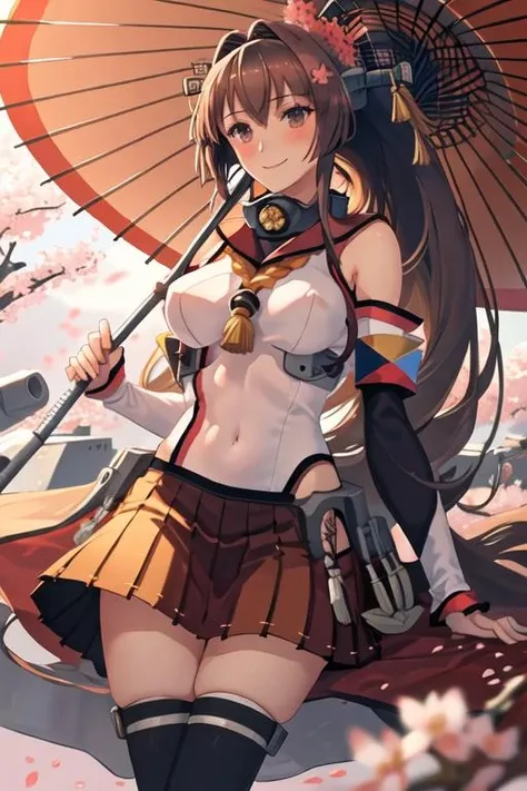 best quality, masterpiece, highres, solo, {yamato_kantaicollection:1.15}, long_hair, brown_hair, ponytail, hair_ornament, flower, hair_flower, brown_eyes, smile, breasts, cherry_blossoms, large_breasts, very_long_hair, blush, hair_between_eyes, 1girl, oil-paper_umbrella, umbrella, detached_sleeves, looking_at_viewer, red_umbrella, skirt, headgear