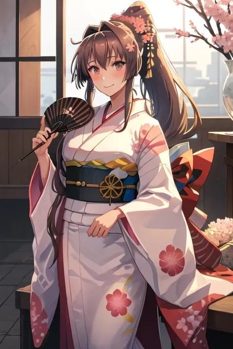 best quality, masterpiece, highres, solo, {yamato_kantaicollection:1.15}, long_hair, brown_hair, ponytail, hair_ornament, flower, hair_flower, brown_eyes, smile, breasts, cherry_blossoms, large_breasts, very_long_hair, blush, hair_between_eyes, 1girl, closed_mouth, hand_fan, japanese_clothes, kimono, looking_at_viewer, paper_fan, pink_flower, sidelocks, uchiwa, yukata, holding, holding_fan, long_sleeves, obi, sash, white_kimono, wide_sleeves, alternate_costume, floral_print, pink_kimono, red_eyes, upper_body