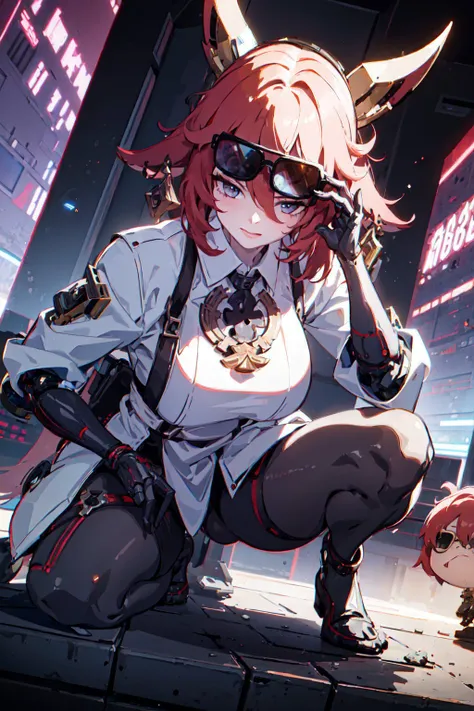 (((1 girl))), cuberpunk city background, intricate game cg, exceptional, masterpiece,  <lora:yaemiko1:1>, yaemikornd, (sunglasses:1.3), 
looking down at the viewer, <lora:A-RandomSuper[mecha musume,mechanical parts,super robot joints,headgear,full armor]:1>, (mechanical parts hands:1.2), take off glasses with left hand