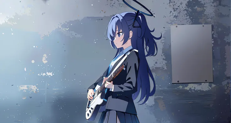 1girl,ANIME,<lora:BArtstyleV7-EXP:0.2>,(BAPV, grey theme:1),from side,cowboy shot,cinematic angle,standing,view straight on,((looking up)),yuuka,flipped hair,((holding guitar,holding holding instrument,electric guitar)),default,sad,black skirt, black jacket,hair ornament,halo,<lora:yuukaV2.3:1>,indoors,white wall,poster,simple background,(masterpiece,8k wallpaper,best quality,ultra-detailed,finely detail, highres, illustration)