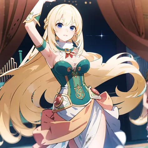 best quality, highly detailed, detailed background, female, <lora:Vert_NepSer_SD15_15_0:1.0>, VertNormal, VertDress, blonde hair, very long hair, standing, dancing, kingdom