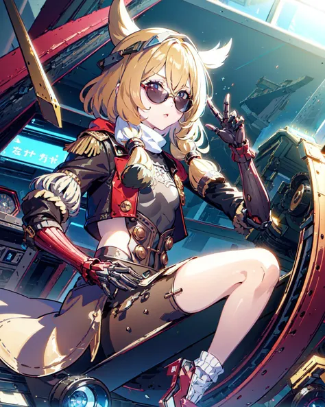 (((1 girl))), cuberpunk city background, intricate game cg, exceptional, masterpiece, (sunglasses:1.3),
looking down at the viewer:, <lora:A-RandomSuper[mecha musume,mechanical parts,super robot joints,headgear,full armor]:1>, (mechanical parts hands:1.4), take off glasses with left hand,  <lora:azur_lane_warspite:1>, warspite, small breast, flat chest,