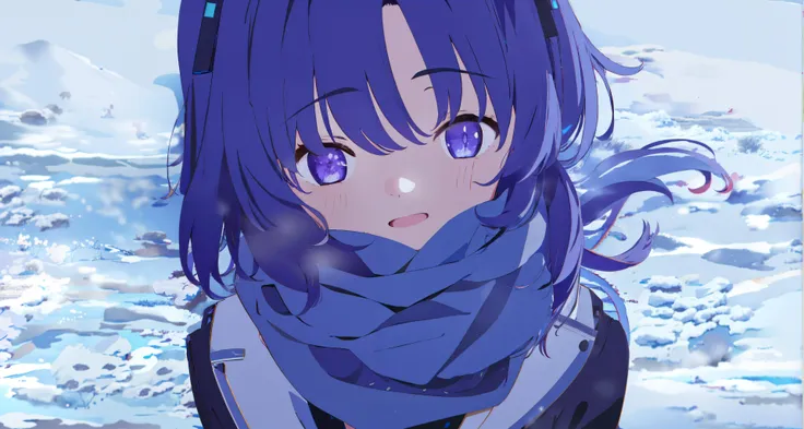 1girl,ANIME,<lora:BArtstyleV7-EXP:0.6>,((BAPV, grey theme)),tranquil mood,cinematic angle,wide shot,(from above),upper body,lying,lying on ground,yuuka,default,((short twintails)),purple hair,purple eyes,smile,open mouth,blue scarf,black skirt, black jacket, hair ornament,halo,<lora:yuukaV2.3:1>,winter,outdoors,snow,snowing,(masterpiece,8k wallpaper,best quality,ultra-detailed,finely detail, highres, illustration) ,