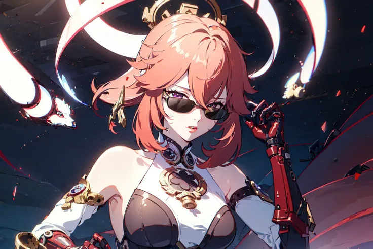 (((1 girl))), cuberpunk background, volumetric lighting, intricate game cg, exceptional, masterpiece,  <lora:yaemiko1:1>, yaemikornd, (sunglasses:1.3), <lora:A-RandomSuper[mecha musume,mechanical parts,super robot joints,headgear,full armor]:1>, (mechanical parts hands:1.2), take off glasses with left hand