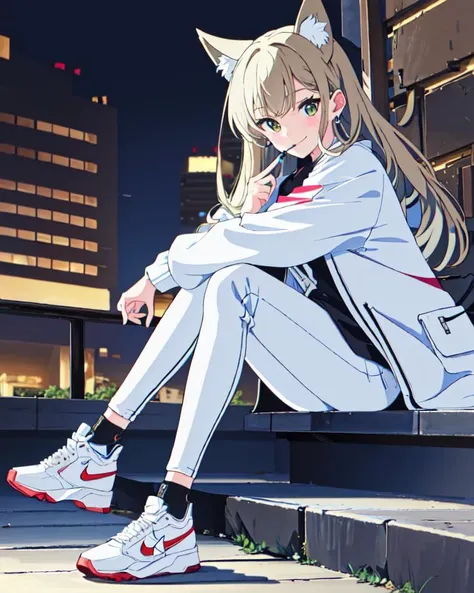 (Masterpiece:1.2), (best quality:1.2),, Night, kemomimi girl, bar, bandit, (skinny:1.2), (depth of field:1.2), smile, looking at viewer, completely detail. earrings, jewelry, pants, shoes, sneakers, hoop earrings, white pants, bag, nike, sitting, full body, plant, long sleeves, jacket, looking at viewer, white jacket
