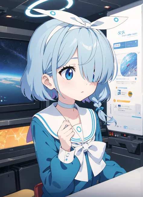 cyberpunk, best quality, detailed background, anime, 1girl, young girl, short girl, scifi, spaceship, space, <lora:aronaBlueArchive_v1:0.3>
arona, hair over one eye,hair over right eye,white hairband, bow hairband, halo, short hair, single braid, school uniform, blue shirt, white sailor collar, long sleeves, white bowtie, white choker, halo, pure