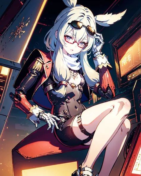 (((1 girl))), cuberpunk city background, intricate game cg, exceptional, masterpiece, (sunglasses:1.3), 
looking down at the viewer:, <lora:A-RandomSuper[mecha musume,mechanical parts,super robot joints,headgear,full armor]:1>, (mechanical parts hands:1.4), take off glasses with left hand,  <lora:azur_lane_warspite:1>, warspite, small breast, flat chest,