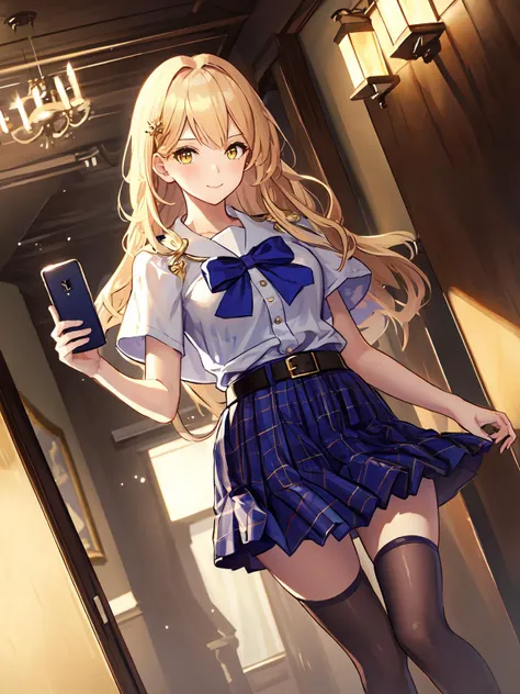 masterpiece,best quality,highres,cinematic lighting,dramatic angle,<lora:ShadowverseManariaV1-000021:0.8> ,1girl,blonde hair,bare legs,long hair,serafuku,yellow eyes,belt,short purple skirt,bowtie,see-through thighhighs,handbag,cowboy shot,looking at viewer,smile,hair ornament,capelet,plaid skirt,(holding smartphone:1.3),portrait,close-up